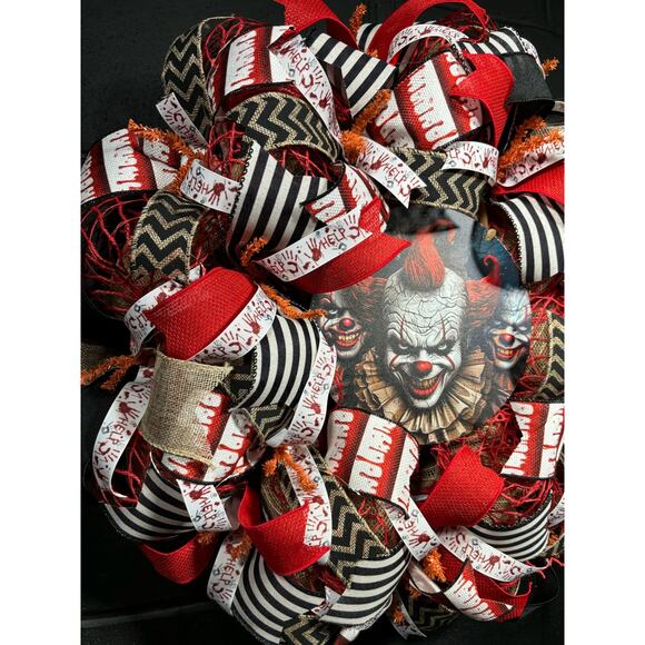 Halloween Wreath For Front Door Scary Clown Wreath Handmade 22 inch - Picture 4 of 8